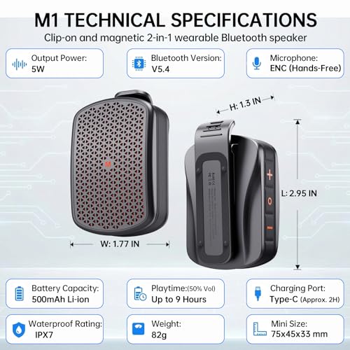 M1 Clip-on Speaker, Black | Magnetic, IPX7 Waterproof, TWS - color: Black