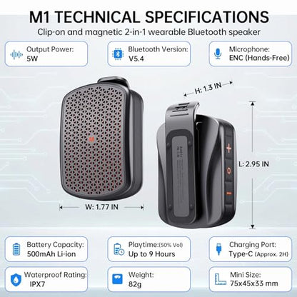 M1 Clip-on Speaker, Black | Magnetic, IPX7 Waterproof, TWS - color: Black