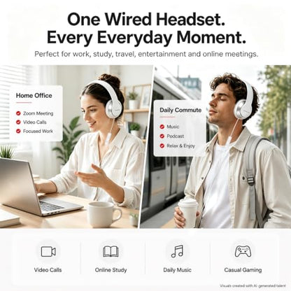 3.5mm Wired Headphones with Mic, Over-Ear, for School, Teen & Adult, White - color: White