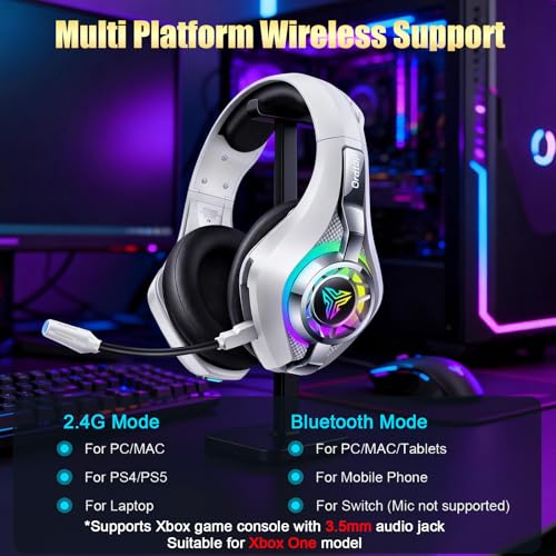 Ordtop 2.4GHz Wireless Gaming Headsets for PS5/PS4/Switch, 2026 RGB Noise Cancelling Over-Ear Headphones with 7.1 Surround Sound, 40mm Drivers, 276g Ultraligero, Memory Foam, 45H Gaming Headphones﻿ - color: White