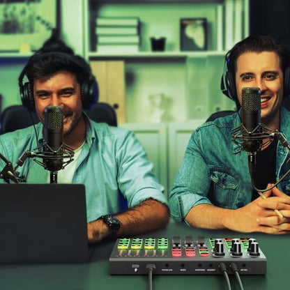 Podcast Equipment Bundle for 2, Audio Interface Mixer with Condenser Microphones, Noise Cancellation, Voice Change, 48V Phantom for Podcasting, Streaming, Recording, Gaming, TikTok, PC, Phone (V1)