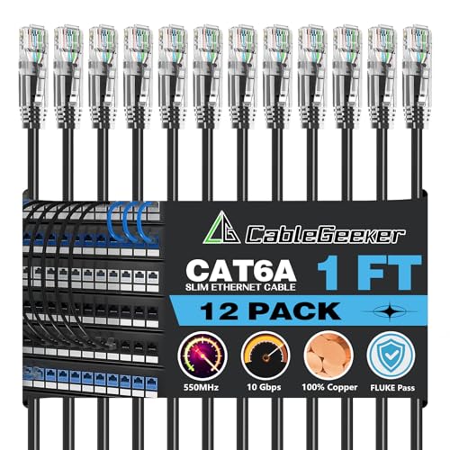 CableGeeker Cat 6A Slim Ethernet Patch Cables, 1 ft, 12-Pack, Black | 28AWG Pure Copper, 10Gbps/550MHz, Snagless Gold-Plated RJ45, Ultra-Thin Flexible Design for Switches, Patch Panels, and Racks - color: Black-Slim, size: 1ft, style: 12 Pack