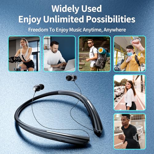 Retractable Neckband Bluetooth Headphones, Wireless Stereo Earbuds with Mic, Bluetooth Headset Noise Cancelling, Vibration Alerts, IPX5 Sweatproof, Sports, Workouts & Driving (Black)