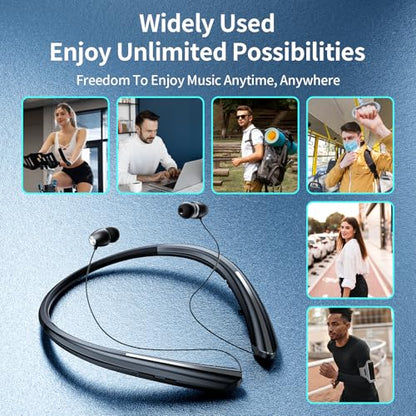 Retractable Neckband Bluetooth Headphones, Wireless Stereo Earbuds with Mic, Bluetooth Headset Noise Cancelling, Vibration Alerts, IPX5 Sweatproof, Sports, Workouts & Driving (Black)