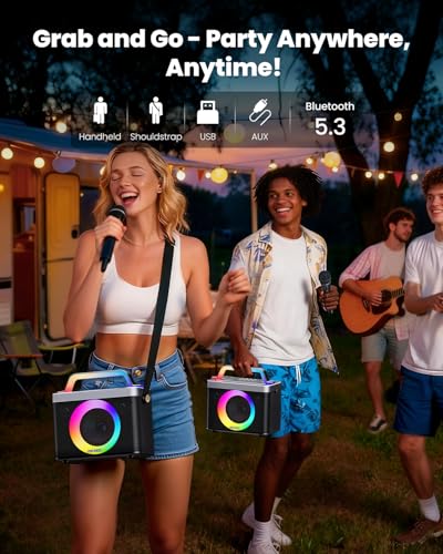 Portable Bluetooth Karaoke Machine for Adults & Kids - 2 Wireless Microphones, Shoulder Strap, Fun Voice Change, Support USB/AUX, for Outdoor Events Party Gifts - size: 518