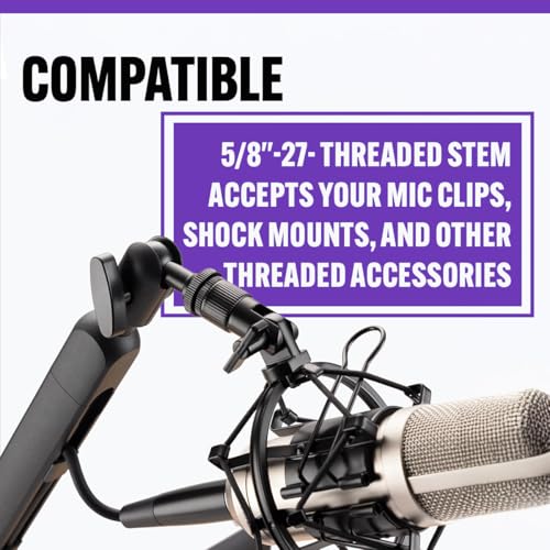 On-Stage MBS-LP1 Low-Profile Broadcast Boom Arm – Adjustable Mic Stand with 5/8" Thread, Cable Management, C-Clamp & Flange Mount – Quiet Hinges, 360° Swivel for Podcasting & Streaming