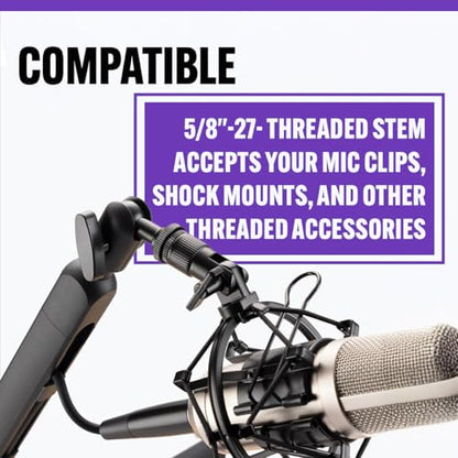 On-Stage MBS-LP1 Low-Profile Broadcast Boom Arm – Adjustable Mic Stand with 5/8" Thread, Cable Management, C-Clamp & Flange Mount – Quiet Hinges, 360° Swivel for Podcasting & Streaming