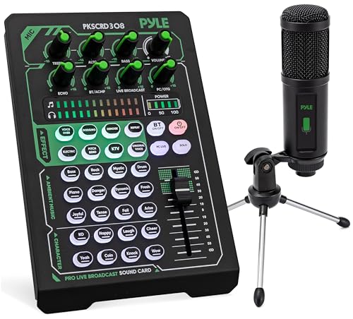 Pyle Pro Live Broadcast Sound Card | Rechargeable Mixer Kit w/ Condenser Mic | 8 Voice FX - 12 Presets | DSP Noise Reduction | Dual Mic Inputs | Solo Mode | Streaming, Podcasting, Gaming - PKSCRD308