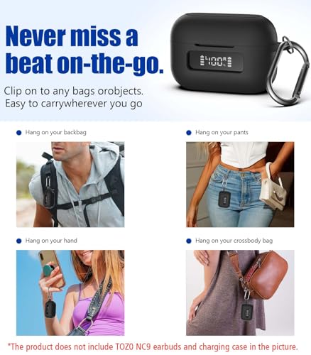 for TOZ0 NC9(2024) Case Cover, Silicone Protective Battery Display Visible Design Cover ONLY for TOZO NC9 Hybrid Active Noise Cancelling Wireless Earbuds 2024 Version with Carabiner-Black - color: Black