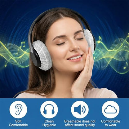100 Pieces Disposable Headphone Covers 100 Pcs Plastic Barrier For Headphones Non-Woven Hygiene Covers For Ears, Stretch Earphone Earcup Protector Sanitary Earpad Cover For Gyms Offices More Ear White