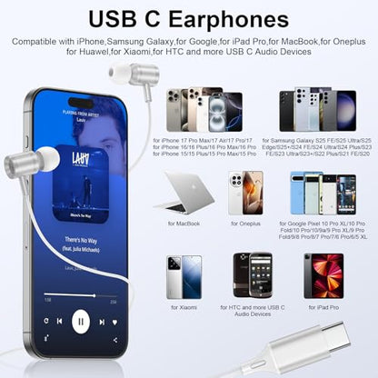 Wired Earbuds USB C Headphones for iPhone 17e 17 Pro Max Air 16e 16 Plus 16 Pro Max 15,Wired in-Ear Earphones USBC iPhone 17 Ear Buds with in-Line Microphone Call Control for Samsung S26 Ultra S25 FE - color: White