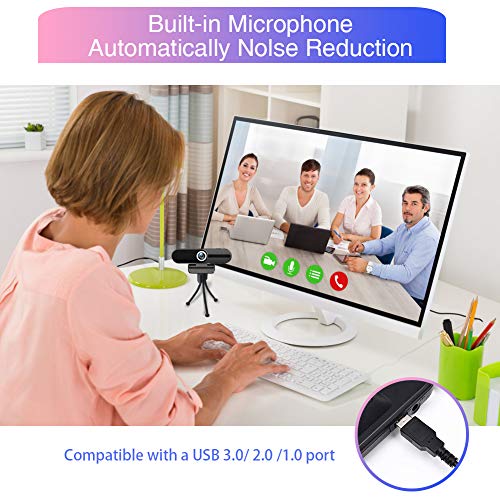 Webcam 4K 8MP with Microphone&Privacy Cover&Tripod for PC Video Call - color: Black