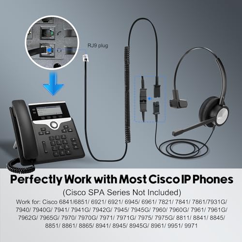 MKJ RJ9 Telephone Headset with Microphone Noise Cancelling for Cisco Phones | Wired Headphone for Call Center, Compatible with Office Phone Cisco 7841 7861 7942G 7961G 7962G 7971G 7975G 8841 9951 9971