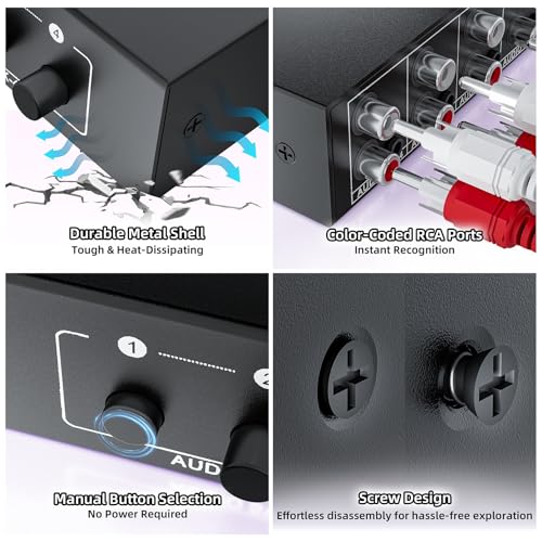 4-Way RCA L/R & 3.5mm Stereo Audio Switcher Bi-Directional Switch Selector | 4 in 1 out passive a/b Analog Stereo Audio Switcher Selector 1 in 4 out Audio Splitter Only one output plays at a time