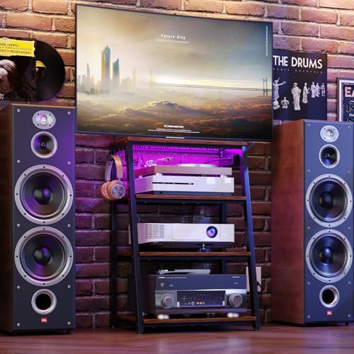 4-Tier AV Media Stand with Power Strips, Heavy Duty Stereo Cabinet Stand with LED Lights, Wooden Record Player Stand with 2 Hooks, Audio Stand Furniture Perfect for DVD Player/Game Console/TV Box/Xbox - style: With Outlet and Light