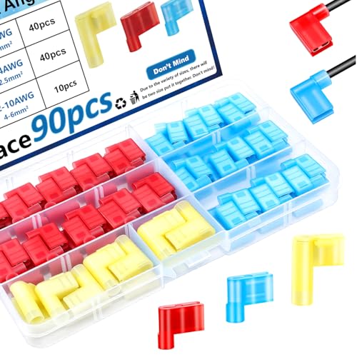 smseace 90Pcs Right Angle Spade Connector 22-18/16-14/12-10AWG Nylon Quick Disconnect Flag Terminal Red/Yellow/Blue 90 Degree Wire Terminal Connector - size: 90Pcs