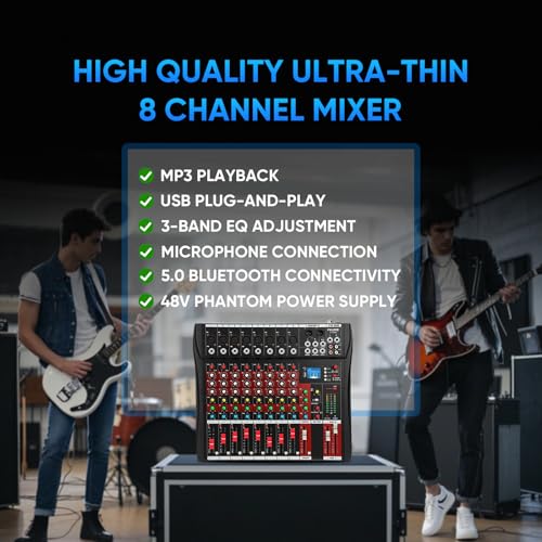 FULUODE Audio Mixer 8 Channel, CT-80S Professional Sound System Mixer Board DJ Mixing Console with Reverb MP3 Player Bluetooth 48V Phantom Power Supply USB Recording for Studio Karaoke Live Music