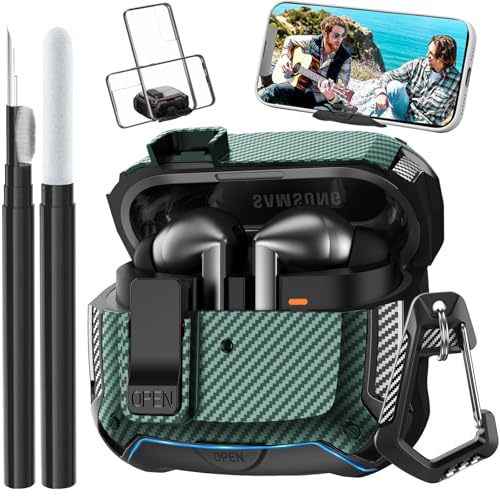 Compatible with Samsung Galaxy Buds 3 Pro Case/Bud3 Cover Lock Clip with Phone Stand for Men, Military Shell Galaxy Buds Pro 3/ Bud 3 Protective Armor Skin with with Cleaner Kit & Carabiner - color: ABlack/Green