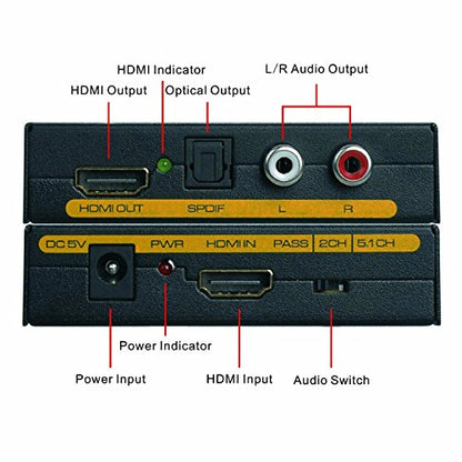 HDMI Audio Extractor | Toslink Optical Digital Audio Output | Analog RCA L/R Stereo Output | HDMI v1.3 1080P 3D | Model: VHD-H2HSAs