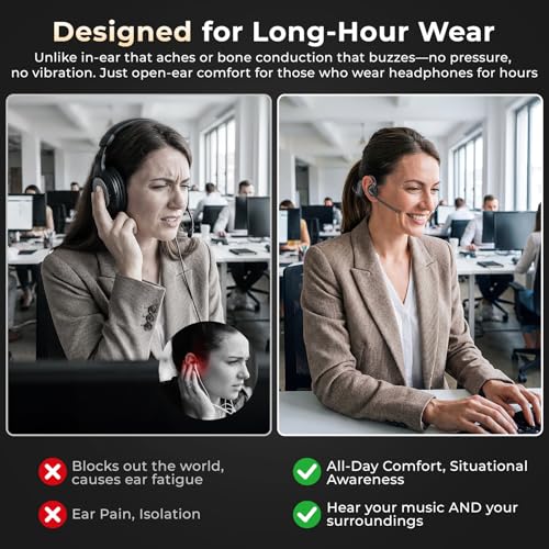 Air Conduction Open Ear Headphones with Mic, AI Noise Cancelling Bluetooth Headset, Dual Connect Wireless Headphones with Mute Button, 32g Lightweight for Work, Driving, Workout, Calls Black