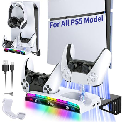 Wall Mount Kit for PS5 Pro/Slim/Original with Charging Station | Charger with RGB Light, Headset Holder & USB Hub for PlayStation 5 Pro/Slim/Original