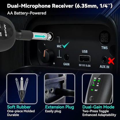 Handheld Wireless Microphone 2Pack with Single Receiver,CarryBag,Blue | all-metal body,200 feet,noise reduction,6.35plug&3.5mmadapter,swappable battery;karaoke,party,weddings,indoor&outdoor stage