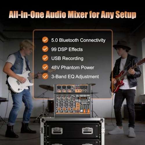5 Channel Audio Mixer with Bluetooth & 99 DSP Effects for Streaming | 48V Phantom, 3-Band EQ, USB Rec, Stereo Inputs, Low Noise, Gain Control,Headphone Jack for Podcast, Church, Karaoke, Live