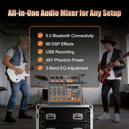 5 Channel Audio Mixer with Bluetooth & 99 DSP Effects for Streaming | 48V Phantom, 3-Band EQ, USB Rec, Stereo Inputs, Low Noise, Gain Control,Headphone Jack for Podcast, Church, Karaoke, Live