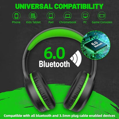 UKELALA U2B ANC Wired & Wireless Bluetooth 6.0 Headphones Foldable with Mic | Up to 30 Hrs Battery, Noise Canceling Foldable Lightweight Head phones with Volume Control‌ for Kids Adult School Black Green - color: Green/Black