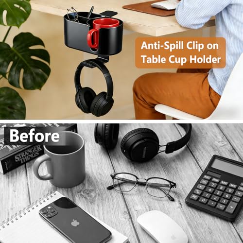 4 in 1 Desk Cup Holder, Clamp On Drink Holder with Headphone Hanger | Anti-Spill Clip on Desk Organizer for Pen Phone Mug, Gaming Office Desk Accessories fits Most Desks - color: Black-2 with Headphone Hanger