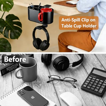 4 in 1 Desk Cup Holder, Clamp On Drink Holder with Headphone Hanger | Anti-Spill Clip on Desk Organizer for Pen Phone Mug, Gaming Office Desk Accessories fits Most Desks - color: Black-2 with Headphone Hanger