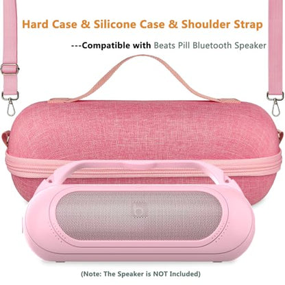 Protective Case for Beats Pill Bluetooth Speaker with Handle | Silicone Cover and Hard Carrying Case for Beats Pill Speaker Accessories with Shoulder Strap (Pink) - color: Pink