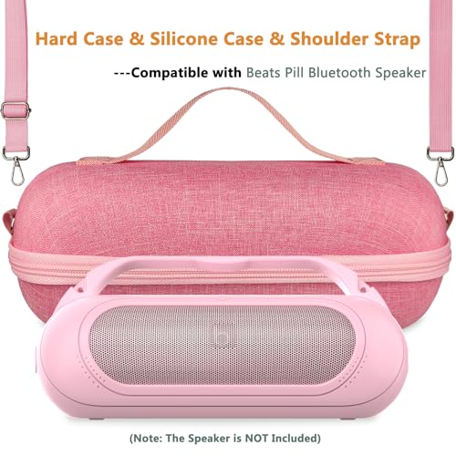 Protective Case for Beats Pill Bluetooth Speaker with Handle | Silicone Cover and Hard Carrying Case for Beats Pill Speaker Accessories with Shoulder Strap (Pink) - color: Pink