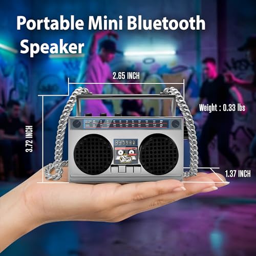 Portable Bluetooth Speakers, Retro Speakers Bluetooth Wireless Wearable | Mini Bluetooth Boombox with 27” Neck Chain, FM Radio, On-Board Buttons, Dual 3W Peak Power Bluetooth Speaker for Anywhere - color: Silver