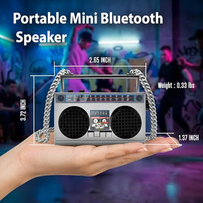 Portable Bluetooth Speakers, Retro Speakers Bluetooth Wireless Wearable | Mini Bluetooth Boombox with 27” Neck Chain, FM Radio, On-Board Buttons, Dual 3W Peak Power Bluetooth Speaker for Anywhere - color: Silver