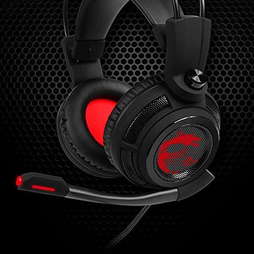 MSI DS502 Gaming Headset - 7.1 Virtual Surround Sound, Vibration Feedback, 40mm Neodymium Drivers, Laptop, Omnidirectional Microphone, Inline Controls, USB 2.0 Connector - Wired