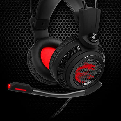 MSI DS502 Gaming Headset - 7.1 Virtual Surround Sound, Vibration Feedback, 40mm Neodymium Drivers, Laptop, Omnidirectional Microphone, Inline Controls, USB 2.0 Connector - Wired