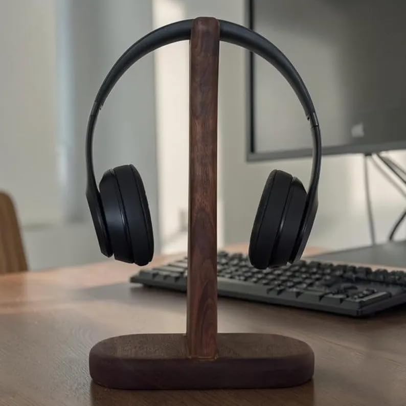 Walnut Wood Headphone Stand, Universal Wooden Headset Holder, Desktop Display Hanger for All Over-Ear Headphones, Elegant Desk Organizer for Gamers and Audiophiles