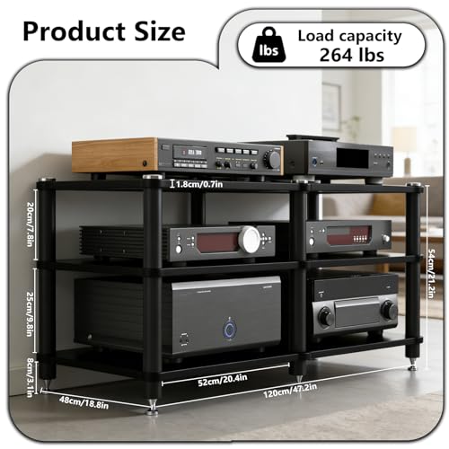 3-Tier Heavy Duty AV Media Stand, Multi-Functional Audio Rack with Vibration-Absorbing Spikes, Heat Dissipation av Stand, Anti-Shake Stereo Racks and Stands for Home, Office, Theater (Black, 3-Tier) - size: 3-Tier