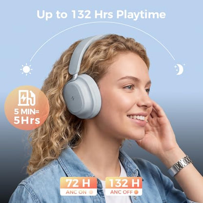 havit Noise Cancelling Headphones Over Ear, Wireless Bluetooth Headphones with 132H Playtime, Fast Charge 5 Min=5H, Foldable, Dual Device, with Mic for Travel Work Office, Blue
