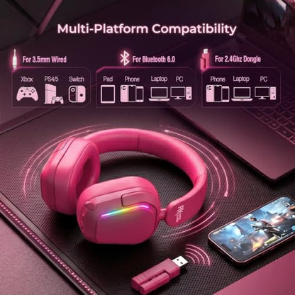 RK ROYAL KLUDGE HG101 V2 Wireless Gaming Headset, 2.4G/Bluetooth 6.0/3.5mm Wired Headphones, 7.1 Surround Sound, 40mm Drivers, Memory Foam Cushions, Works with Xbox, PS4/5, PC, Switch, Berry Red - color: Red