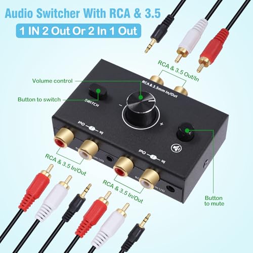 RCA 3.5mm Port 1 in 2 Out / 2 in 1 Out Bi-Directional Audio Switcher, 2-Way Stereo L/R Sound Channel Speaker Headphone Audio Switch Selector Splitter Box