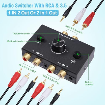 RCA 3.5mm Port 1 in 2 Out / 2 in 1 Out Bi-Directional Audio Switcher, 2-Way Stereo L/R Sound Channel Speaker Headphone Audio Switch Selector Splitter Box