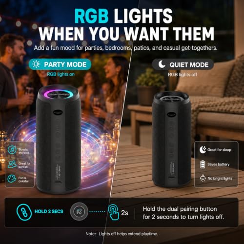 Musibaby M88 Pro 40W Bluetooth Speaker, IPX6, 40H Playtime, Dark Gray | Portable 40W stereo sound with IPX6 splash protection, RGB lights, 40H playtime, Bluetooth 5.3 and dual pairing - color: Black-pro