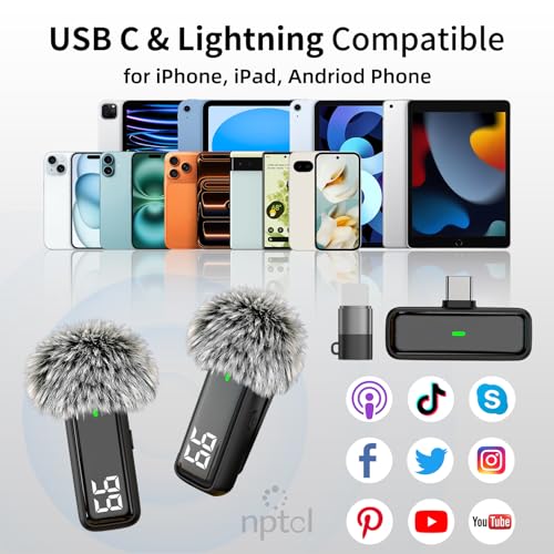 NPTCL Wireless Lavalier Microphone for iPhone iPad Android, Mini USB C Mic | 24H Charging Case, Digital Charge Display, Noise Reduction for Content Creator Video Recording Vlog Podcast YouTube TikTok