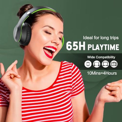 Wireless Bluetooth Headphones Over Ear V6.0 HiFi Stereo with Mic | 65H Playtime 6EQ Modes Foldable Bluetooth Headset with Microphone for Travel Smartphone Computer Laptop Green - color: Green