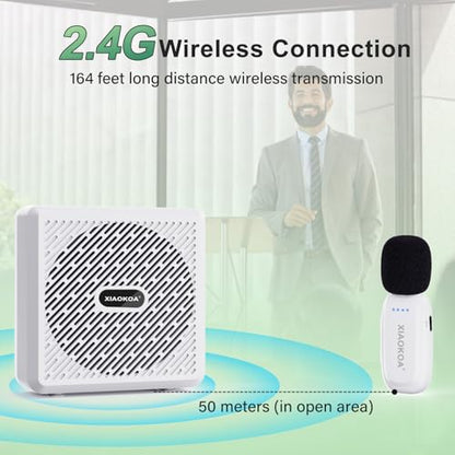 Wireless Lavalier Microphone with Voice Amplifier for Teachers | Bluetooth Speaker with Lapel Mic, Charging Portable Mini Mics, 2.4G Clip Microphones System for Tour Guides Fitness Meetings - color: White