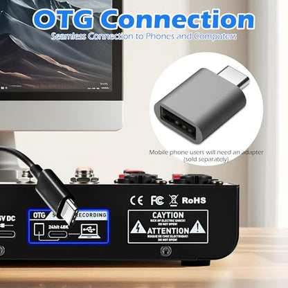 Mini Audio Mixer, Portable Mini4 DJ Board Mixer with USB Bluetooth, 4 Channel Sound Mixing Board for Wedding Party Podcast Live Performance Event