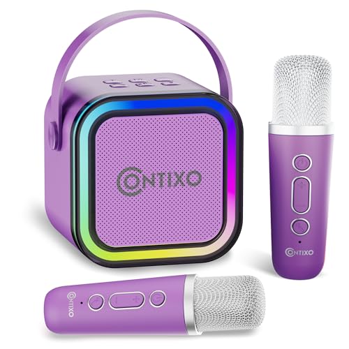 Contixo KS1 Mini Karaoke Machine for Kids, Portable Bluetooth Speaker with 2 Wireless Microphones & Dynamic Lights for Boys & Girls, Home Party Entertainment Toy (Purple) - color: Purple