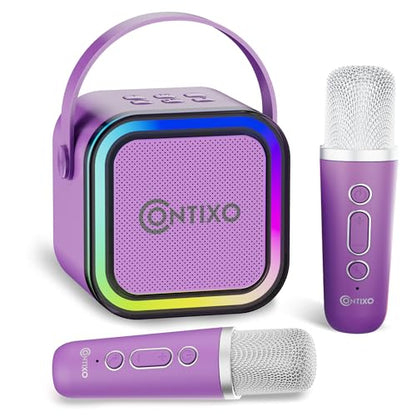 Contixo KS1 Mini Karaoke Machine for Kids, Portable Bluetooth Speaker with 2 Wireless Microphones & Dynamic Lights for Boys & Girls, Home Party Entertainment Toy (Purple) - color: Purple